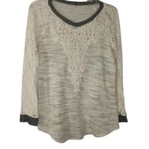 Vanity Thermal Knit Crochet Detail Lace Sleeve Tee